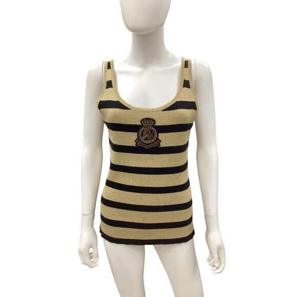 Lauren By Ralph Lauren Top Women’s SZ L Tank Top Knit Logo Stripes Gold &Black - Picture 1 of 6